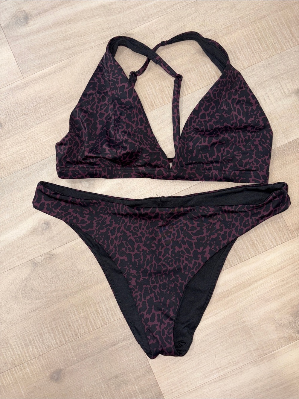 Fabletics Black and Plum Leopard Print Bikini Set